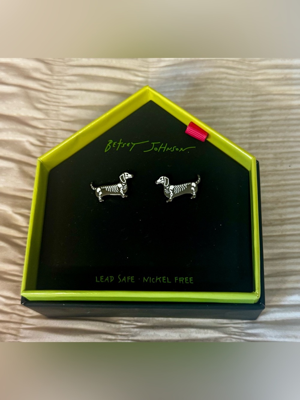 Betsey Johnson Black and White Dachshund Skeleton Stud Earrings